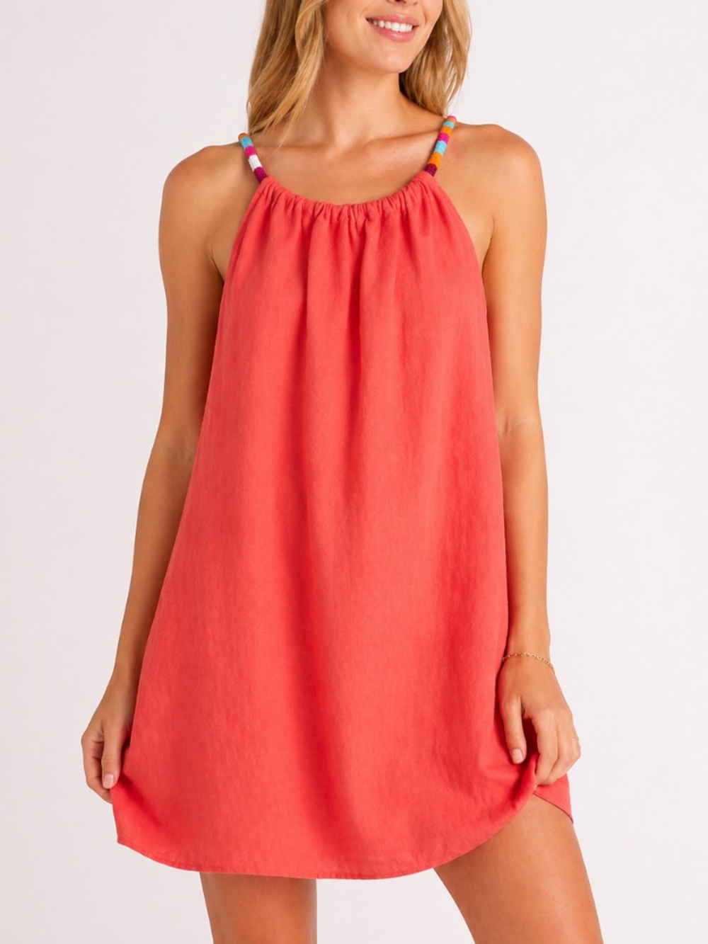 St Tropez Linen Beaded Strap Mini Dress Relaxed Coastal Resort Vacation Beach XS